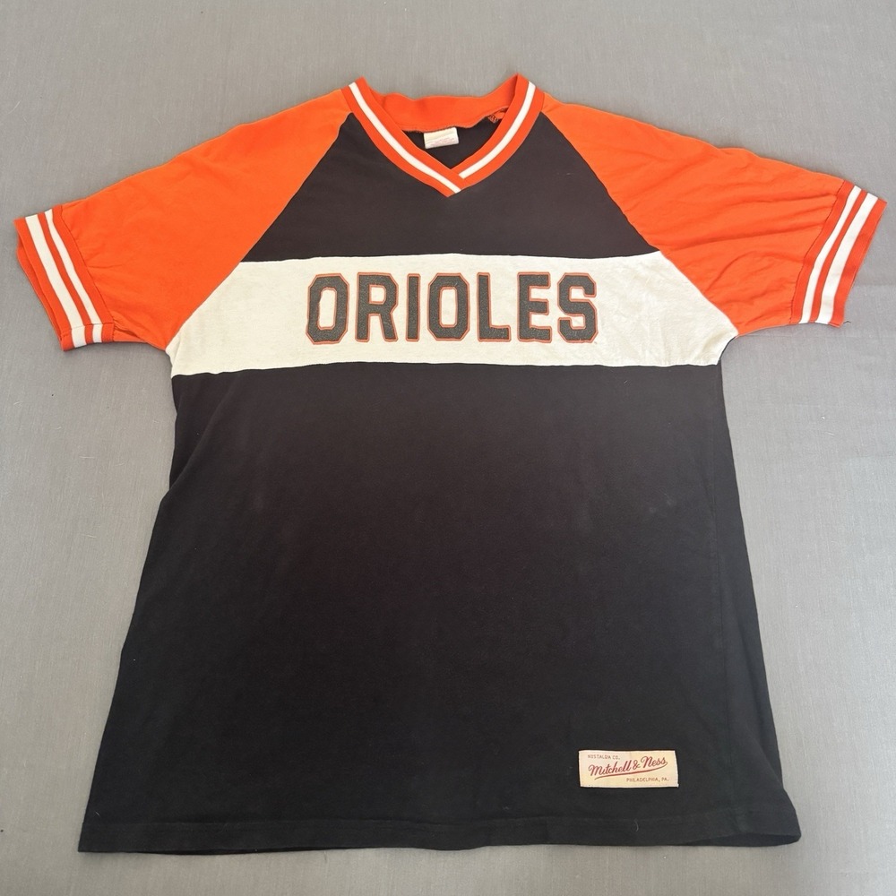 Mitchell & Ness Orioles Jersey Shirt Mens L Black Orange MLB Retro V Neck